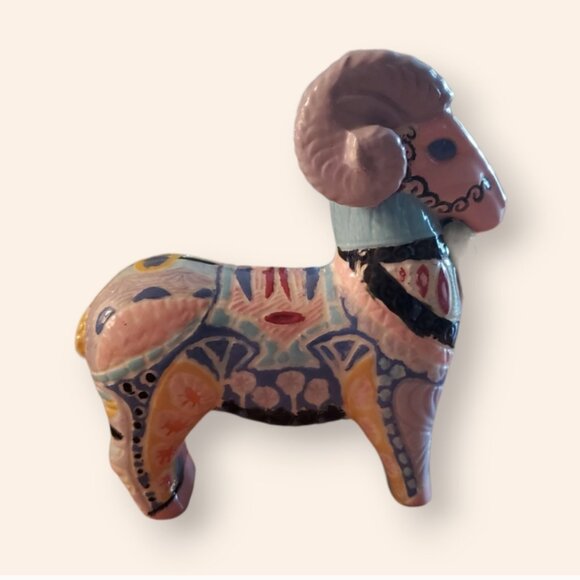 Vintage Ram Figurine Ceramic Ornate Etched Pastel Farm Animal Statue Retro - Picture 1 of 5